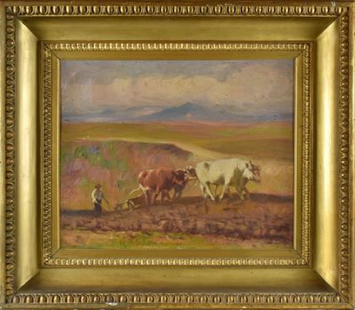 une peinture à l'huile représentant un homme labourant un champ avec deux bœufs
