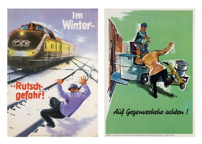deux affiches représentant un train et un homme sur un skateboard