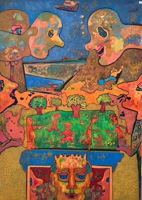 an image of a painting of a man and a woman sitting on a chair