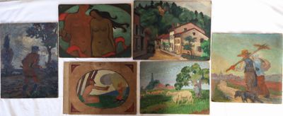 Plusieurs tableaux représentant des personnes et des animaux sont exposés sur un drap blanc