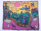 a picture of a painting of people and animals on the beach