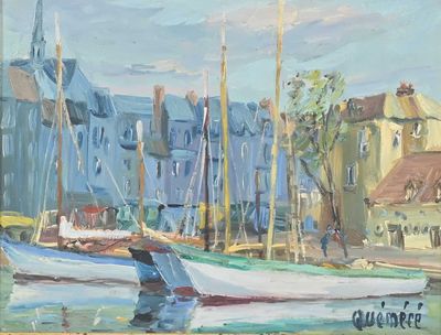 a painting of boats docked in a harbor with buildings in the background
