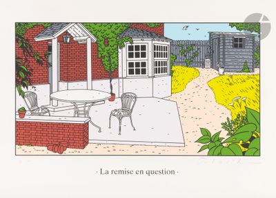 a picture of a drawing of a patio with a table and chairs