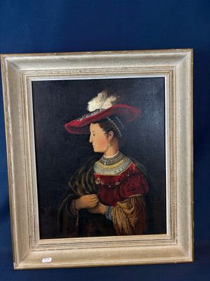 tableau représentant une femme portant un chapeau rouge orné d'une plume