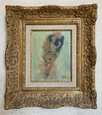 painting of a woman holding a dog in a gold frame