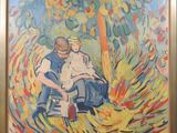painting of a man sitting on a bench in front of a tree