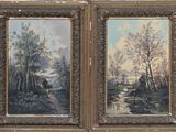 deux tableaux représentant une scène rurale avec une maison et un ruisseau