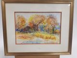 aquarelle encadrée représentant un paysage avec des arbres en automne