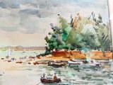 une aquarelle représentant des bateaux sur l'eau, près du rivage