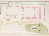 dessin représentant le plan d'un château avec une cour et un jardin