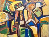 abstract painting of a man sitting on a chair in a yellow room