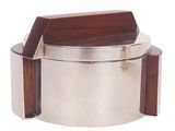 stainless steel and wood box with a wooden lid on a white background