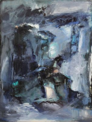 a painting of a man sitting in a chair with an umbrella