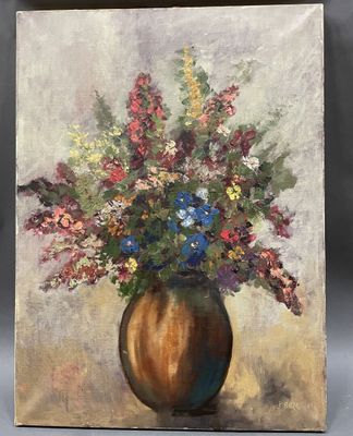 an oil painting of a vase with flowers in it on a table