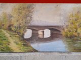 painting of a painting of a bridge over a river with a red wall