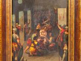 an oil painting of a painting of a man being taken out of a building