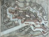 an old map of a city in the middle of a river