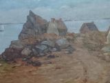 une peinture représentant un bateau sur l'eau, près de quelques rochers