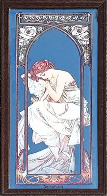 painting of a woman in a white dress sitting on a blue background