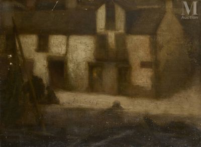 an image of a painting of a man walking down a street in front of a house