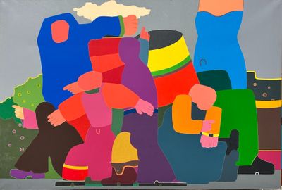 an image of a painting of a group of people walking down a street