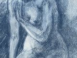 drawing of a nude woman sitting on a ledge with her hands on her knees