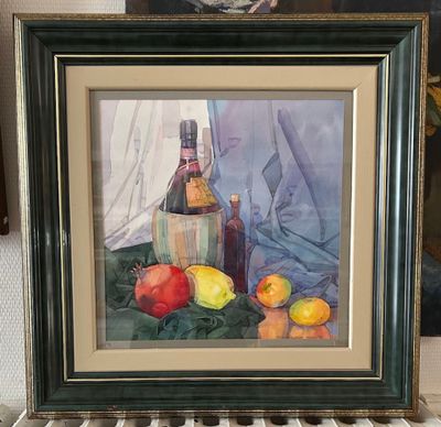 a picture of a painting of fruit and a bottle on a table