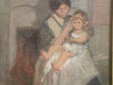 une peinture à l'huile représentant une femme tenant un enfant dans un salon