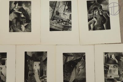 several black and white photographs of a man and a woman on a boat