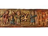an image of a wooden plaque with a group of people on it