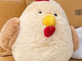 un poulet en peluche posé sur une boîte en carton