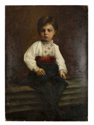 un vieux tableau représentant un jeune garçon assis sur un rebord