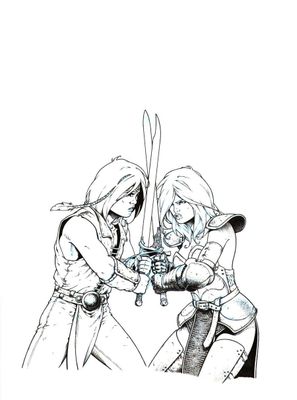 un dessin en noir et blanc représentant deux femmes qui se battent à l'épée