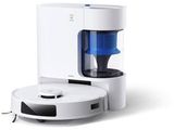 a close up of a white and blue machine on a white surface