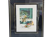 tableau représentant une nature morte composée de fruits et de fleurs, dans un cadre noir