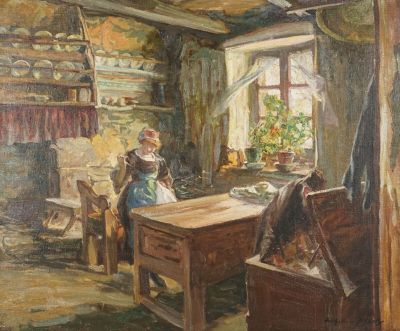 tableau représentant une femme assise à une table dans une pièce
