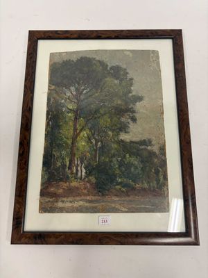 tableau représentant un paysage boisé avec des arbres, dans un cadre en bois