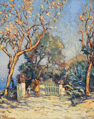 une image représentant un tableau où l'on voit des personnes marchant sur un sentier au bord de l'eau