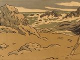 a picture of a painting of a man on the beach