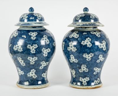 pair of blue and white vases with floral designs on them