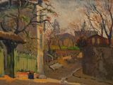 une peinture à l'huile représentant une scène de rue avec une clôture et des arbres