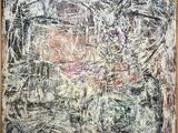 a painting of a painting of a forest with trees in the background