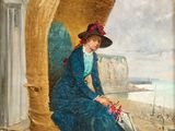 painting of a woman in a blue dress and hat sitting on a beach