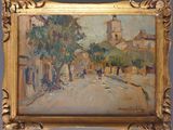 une peinture à l'huile représentant une scène de rue avec une église à l'arrière-plan