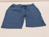 blue shorts with draws on the bottom and a draws on the bottom