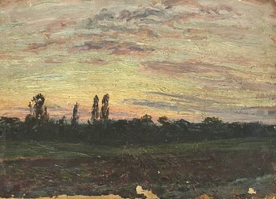 peinture représentant un paysage avec des arbres et un ciel en arrière-plan