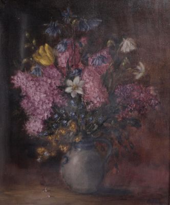 a painting of flowers in a vase on a table