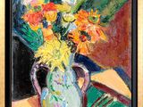 a painting of flowers in a vase on a table