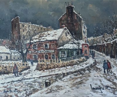 tableau représentant un village en hiver, avec des personnes marchant sur une route enneigée