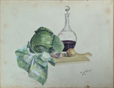 un tableau représentant un chou et une bouteille de vin posés sur une table